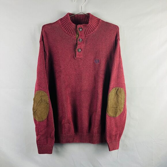 Chaps Sweater Mens L Red Knit Pullover Elbow Patch Quarter Button Mock Neck - Picture 1 of 10